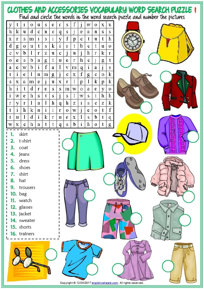 کتاب Clothes and Accessories Vocabulary ESL Word Search Puzzle Worksheets (کاربرگ جستجوی کلمات واژگان لباس ها و لوازم جانبی) نسخه انگلیسی PDF