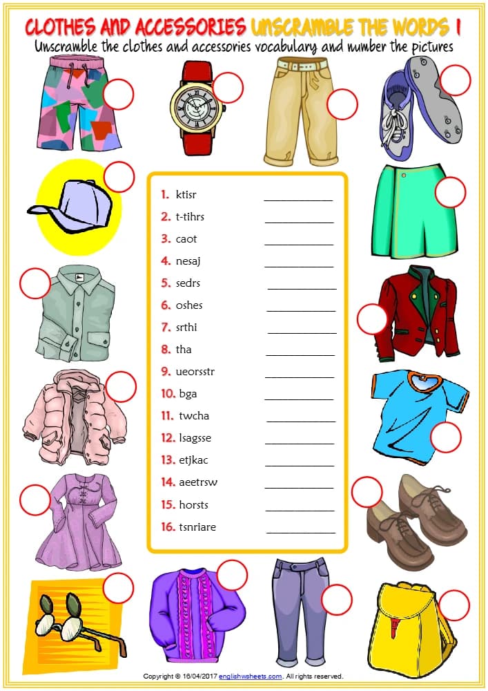 کتاب Clothes and Accessories Vocabulary ESL Unscramble the Words Worksheets (کاربرگ مرتب سازی حروف واژگان لباس ها و لوازم جانبی) نسخه انگلیسی PDF