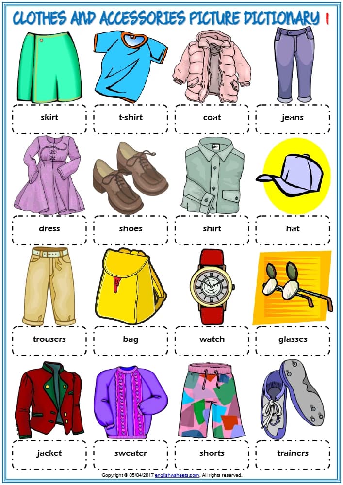 کتاب Clothes and Accessories Vocabulary ESL Picture Dictionary Worksheets (کاربرگ فرهنگ تصویری لباس ها و لوازم جانبی) نسخه انگلیسی PDF