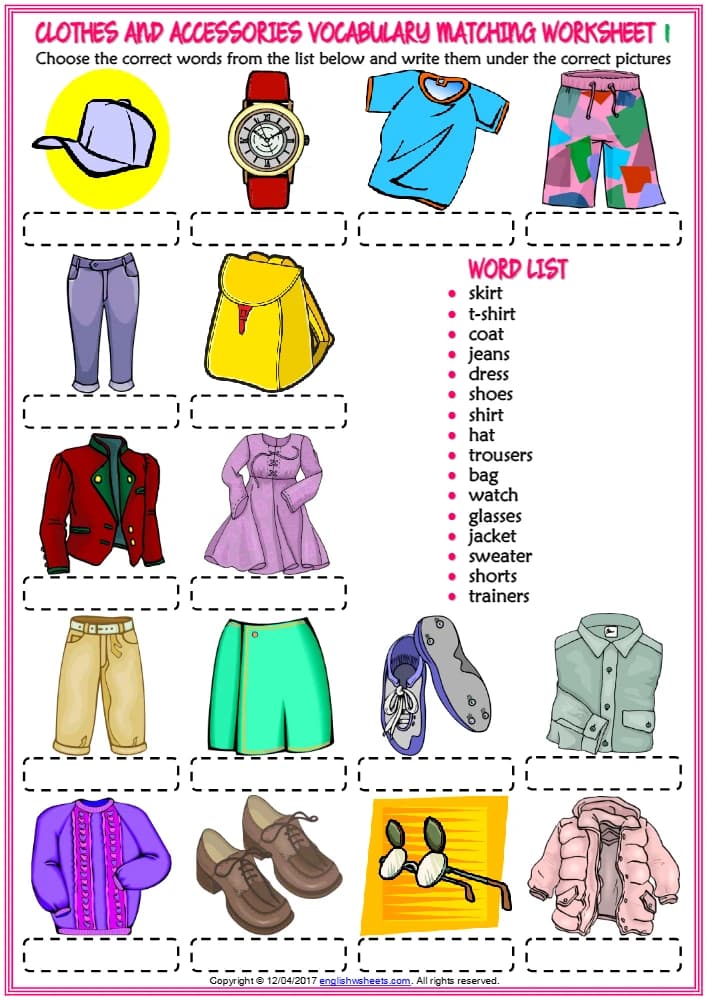 کتاب Clothes and Accessories Vocabulary ESL Matching Exercise Worksheets (کاربرگ تمرین تطبیق واژگان لباس ها و لوازم جانبی) نسخه انگلیسی PDF