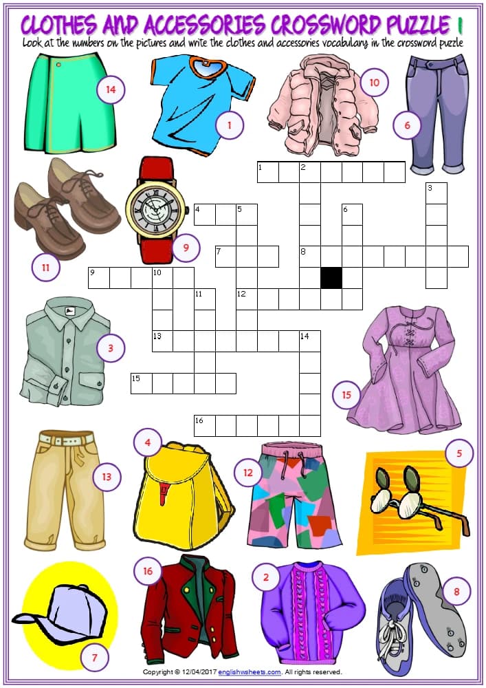 کتاب Clothes and Accessories Vocabulary ESL Crossword Puzzle Worksheets (کاربرگ جدول کلمات متقاطع واژگان لباس ها و لوازم جانبی) نسخه انگلیسی PDF