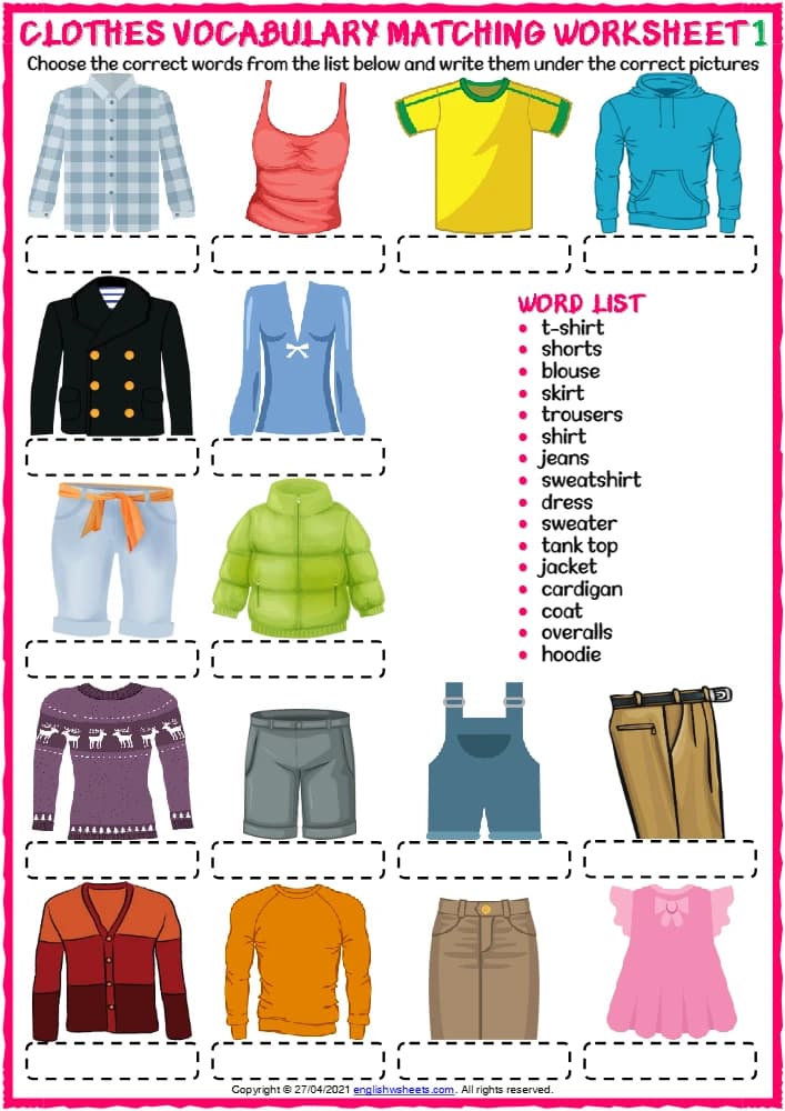 کتاب Clothes Vocabulary ESL Matching Exercise Worksheets for Kids (کاربرگ تمرین تطبیق واژگان لباس ها برای کودکان) نسخه انگلیسی PDF