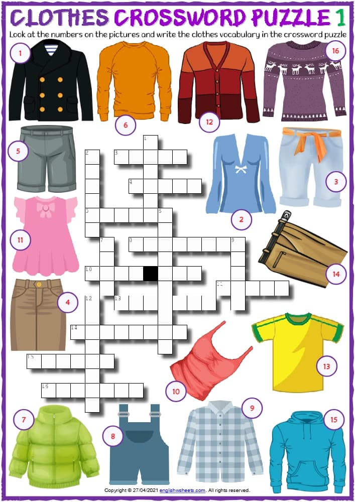 کتاب Clothes Vocabulary ESL Crossword Puzzle Worksheets for Kids (کاربرگ جدول کلمات متقاطع واژگان لباس ها برای کودکان) نسخه انگلیسی PDF