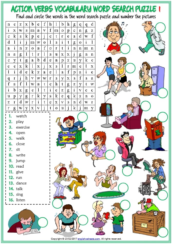 کتاب Action Verbs Vocabulary ESL Word Search Puzzle Worksheets for Kids (کاربرگ جستجوی کلمات افعال حرکتی برای کودکان) نسخه انگلیسی PDF