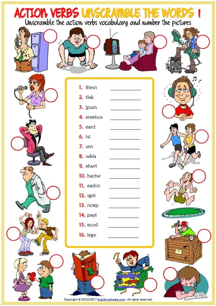کتاب Action Verbs Vocabulary ESL Unscramble the Words Worksheets for Kids (کاربرگ مرتب سازی حروف افعال حرکتی برای کودکان) نسخه انگلیسی PDF
