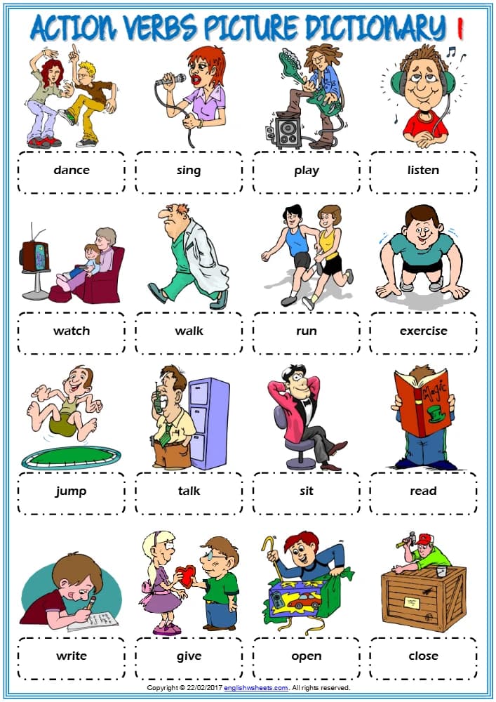 کتاب Action Verbs Vocabulary ESL Picture Dictionary Worksheets for Kids (کاربرگ فرهنگ تصویری افعال حرکتی برای کودکان) نسخه انگلیسی PDF