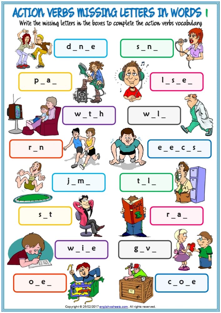 کتاب Action Verbs Vocabulary ESL Missing Letters in Words Worksheets (کاربرگ تکمیل حروف جا افتاده افعال حرکتی) نسخه انگلیسی PDF