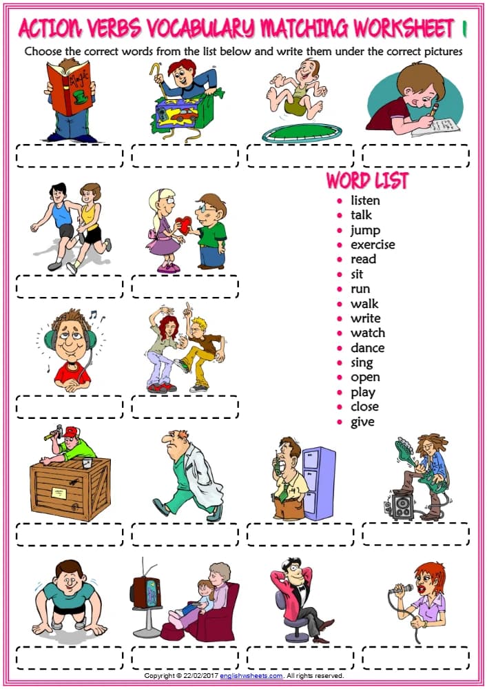 کتاب Action Verbs Vocabulary ESL Matching Exercise Worksheets for Kids (کاربرگ تمرین تطبیق افعال حرکتی برای کودکان) نسخه انگلیسی PDF