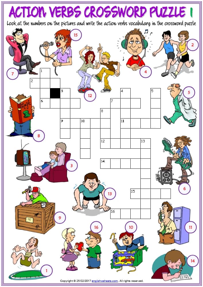 کتاب Action Verbs Vocabulary ESL Crossword Puzzle Worksheets for Kids (کاربرگ جدول کلمات متقاطع افعال حرکتی برای کودکان) نسخه انگلیسی PDF