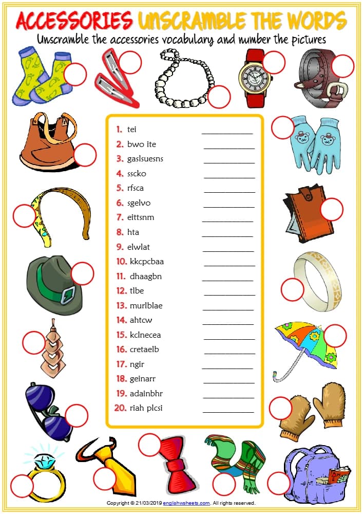 کتاب Accessories Vocabulary ESL Unscramble the Words Worksheet for Kids (کاربرگ مرتب سازی حروف واژگان لوازم جانبی برای کودکان) نسخه انگلیسی PDF