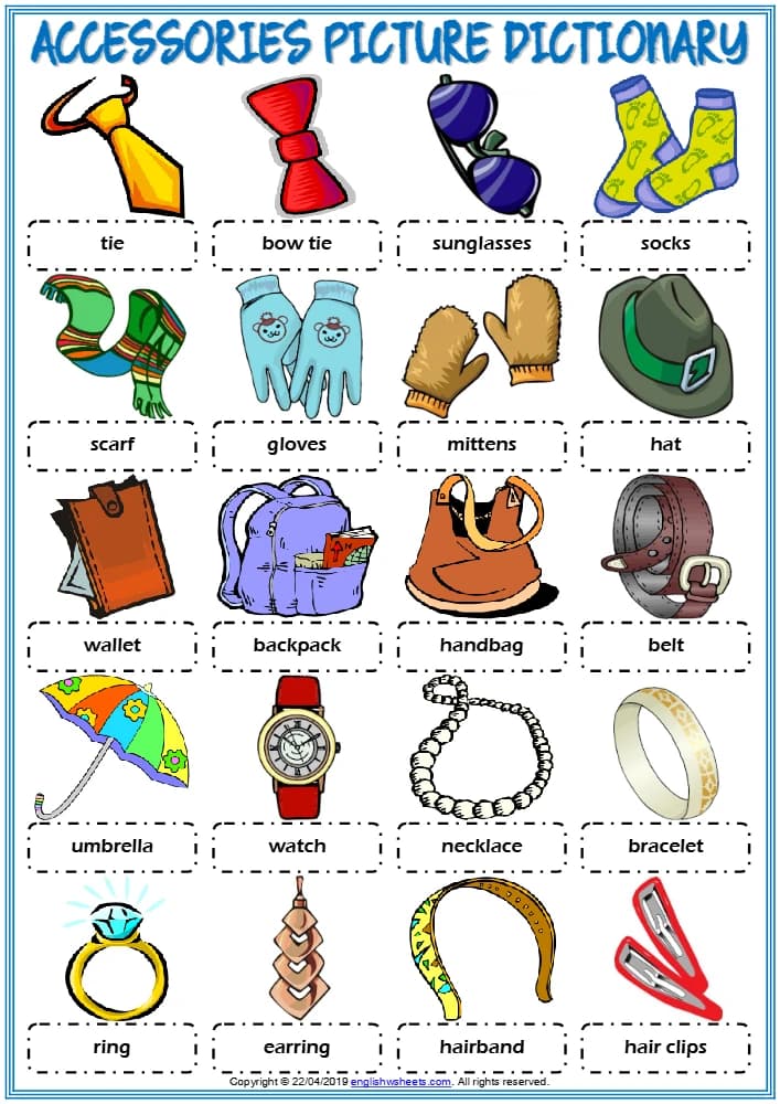 کتاب Accessories Vocabulary ESL Picture Dictionary Worksheet for Kids (کاربرگ فرهنگ تصویری واژگان لوازم جانبی برای کودکان) نسخه انگلیسی PDF