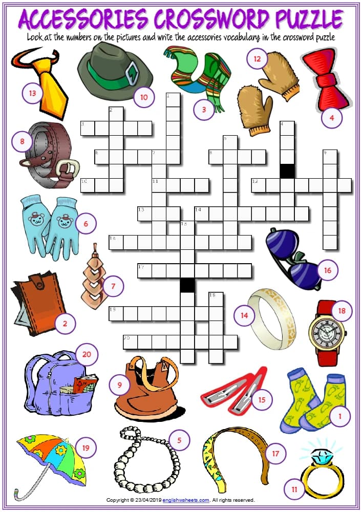 کتاب Accessories Vocabulary ESL Crossword Puzzle Worksheet for Kids (کاربرگ جدول کلمات متقاطع واژگان لوازم جانبی برای کودکان) نسخه انگلیسی PDF