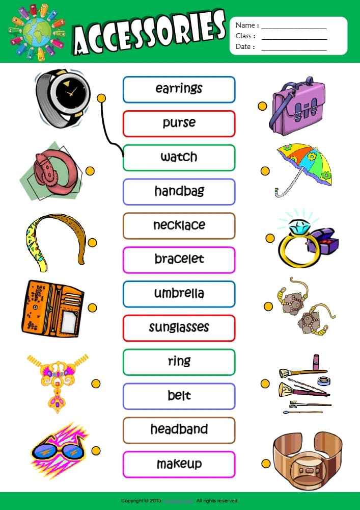 کتاب Accessories ESL Vocabulary Matching Exercise Worksheet for Kids (کاربرگ تطبیق واژگان لوازم جانبی برای کودکان) نسخه انگلیسی PDF