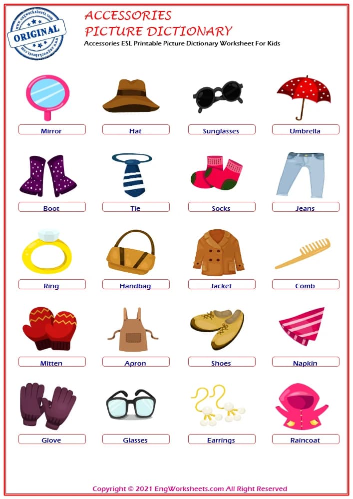 کتاب Accessories ESL Printable Picture Dictionary Worksheet for Kids (کاربرگ فرهنگ تصویری لوازم جانبی برای کودکان) نسخه انگلیسی PDF