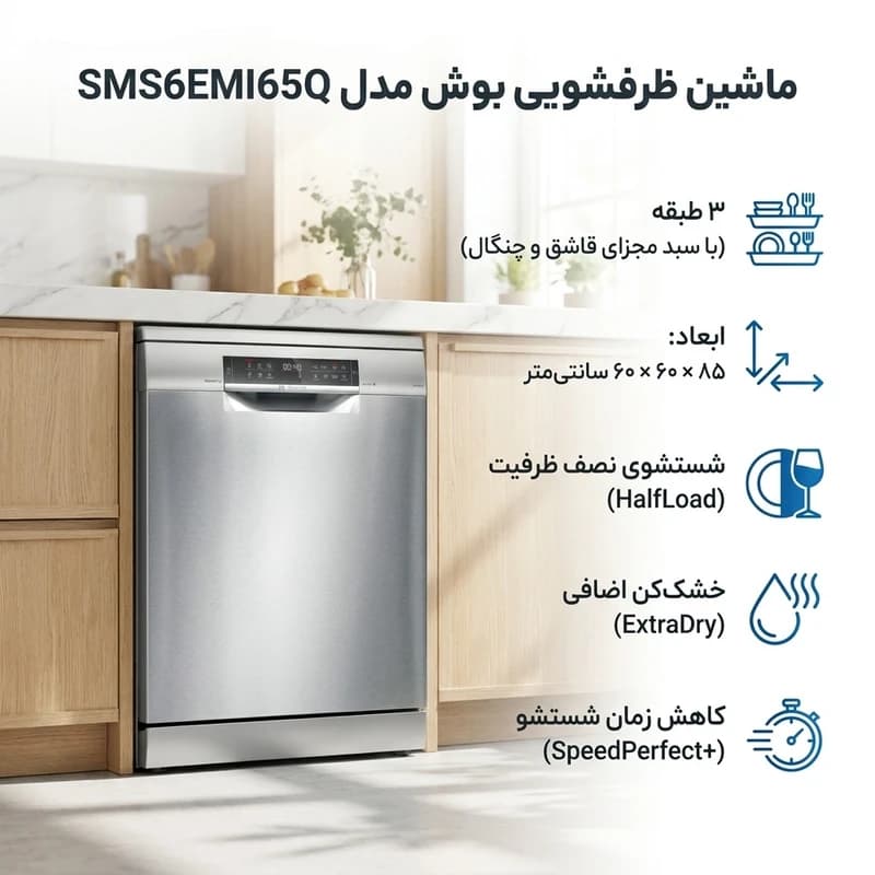 ماشین ظرفشویی بوش مدل SMS6EMI65 رنگ سیلور — تصویر ۳