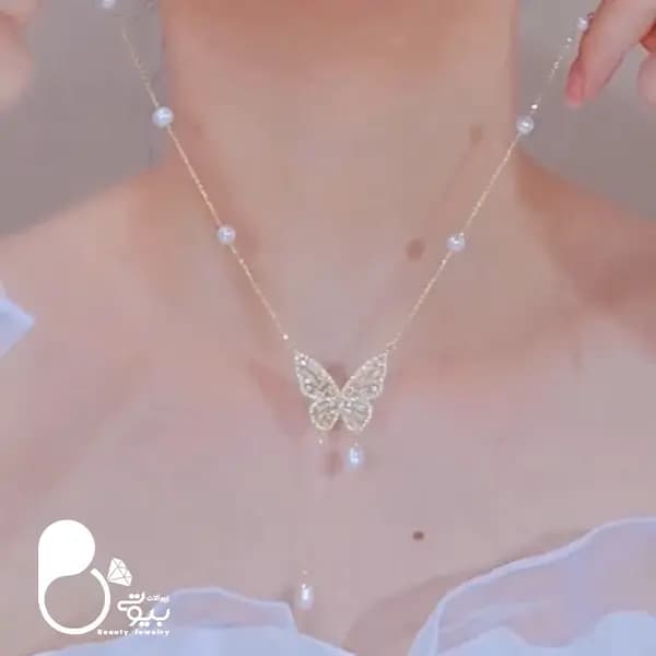 گردنبند زنانه استیل پروانه و مروارید
