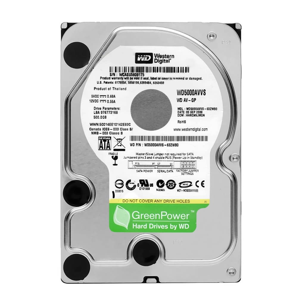 هارد استوک اینترنال وسترن دیجیتال سبز مدل Western Digital WD5000AVVS | ظرفیت 500 گیگابایت | Green