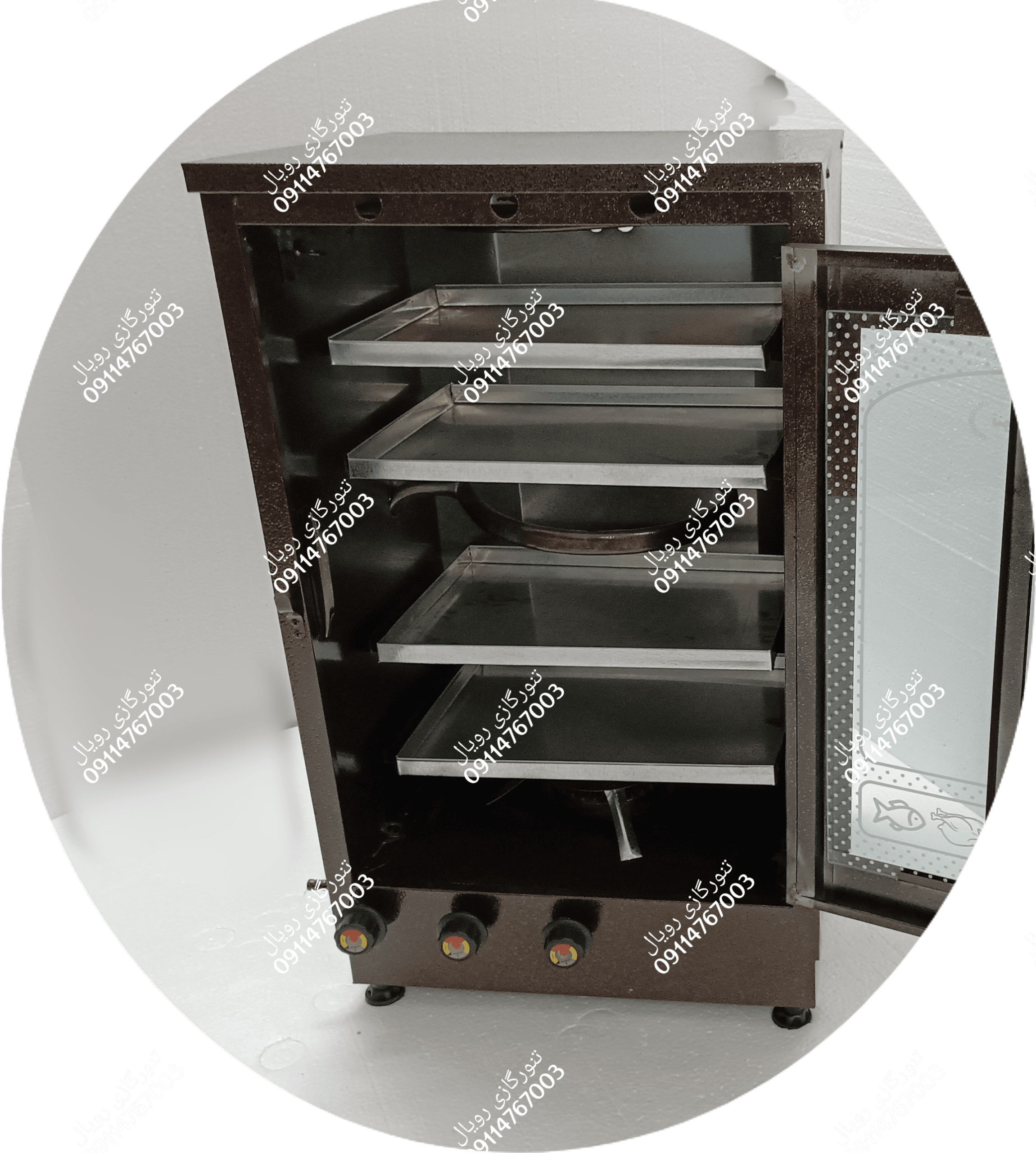 تنور گازی قهوه ای دو چدن چهار/شش سینی دماسنج ، تایمر و جوجه گردان دار رویال مدل TG.Royal 847TD.G — تصویر ۲