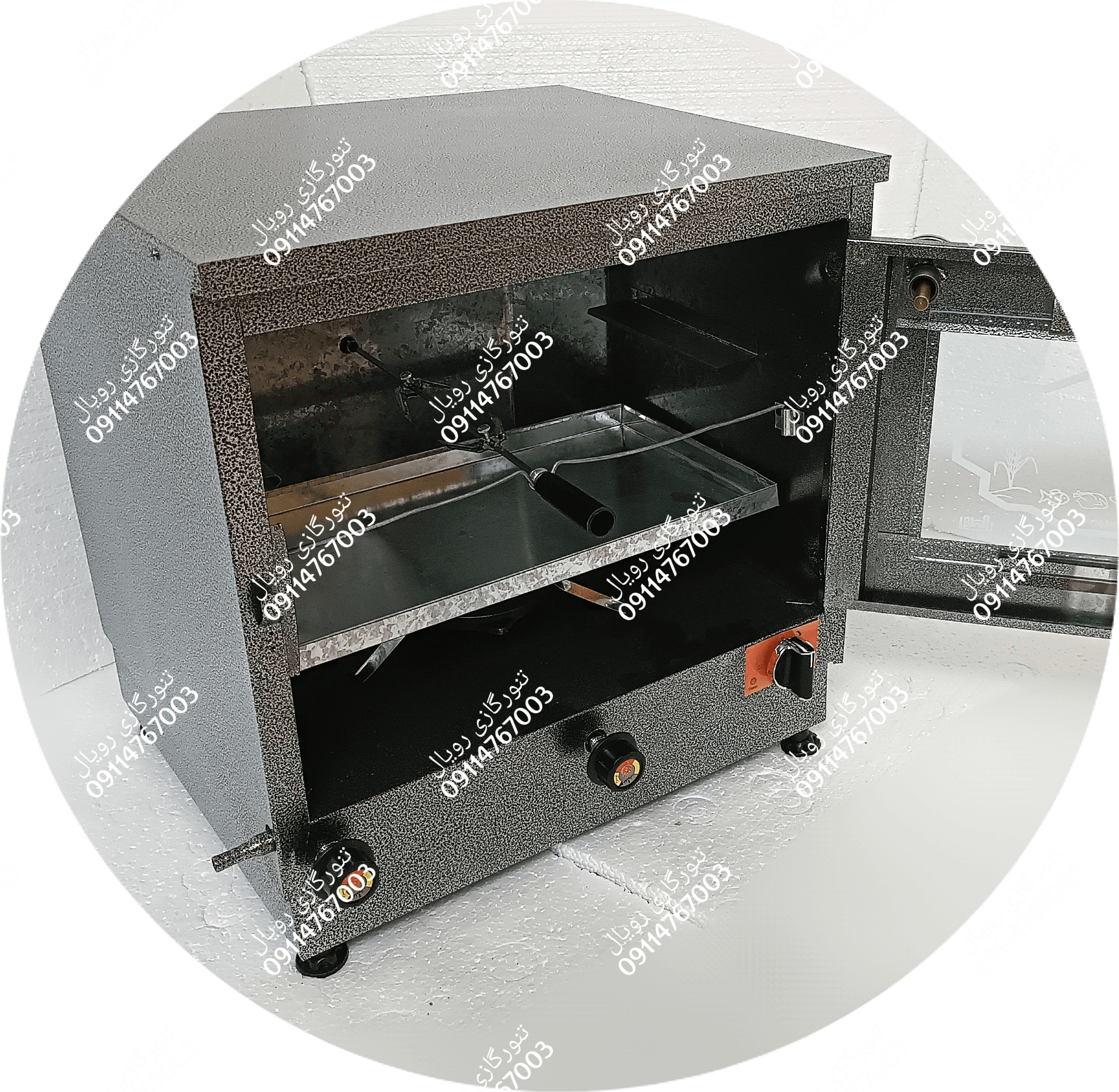 تنور گازی بزرگ مشکی صفحه چدن 37 دو سینی دماسنج با جوجه گردان دار رویال مدل TG.Royal 444D.M — تصویر ۳