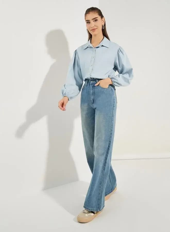 پیراهن آستین بلند زنانه Chambray با دکمههای فلزی — تصویر ۲