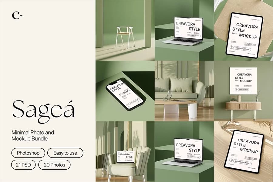 ۲۱ موکاپ مینیمال Sagea برای نمایش حرفه‌ای طراحی