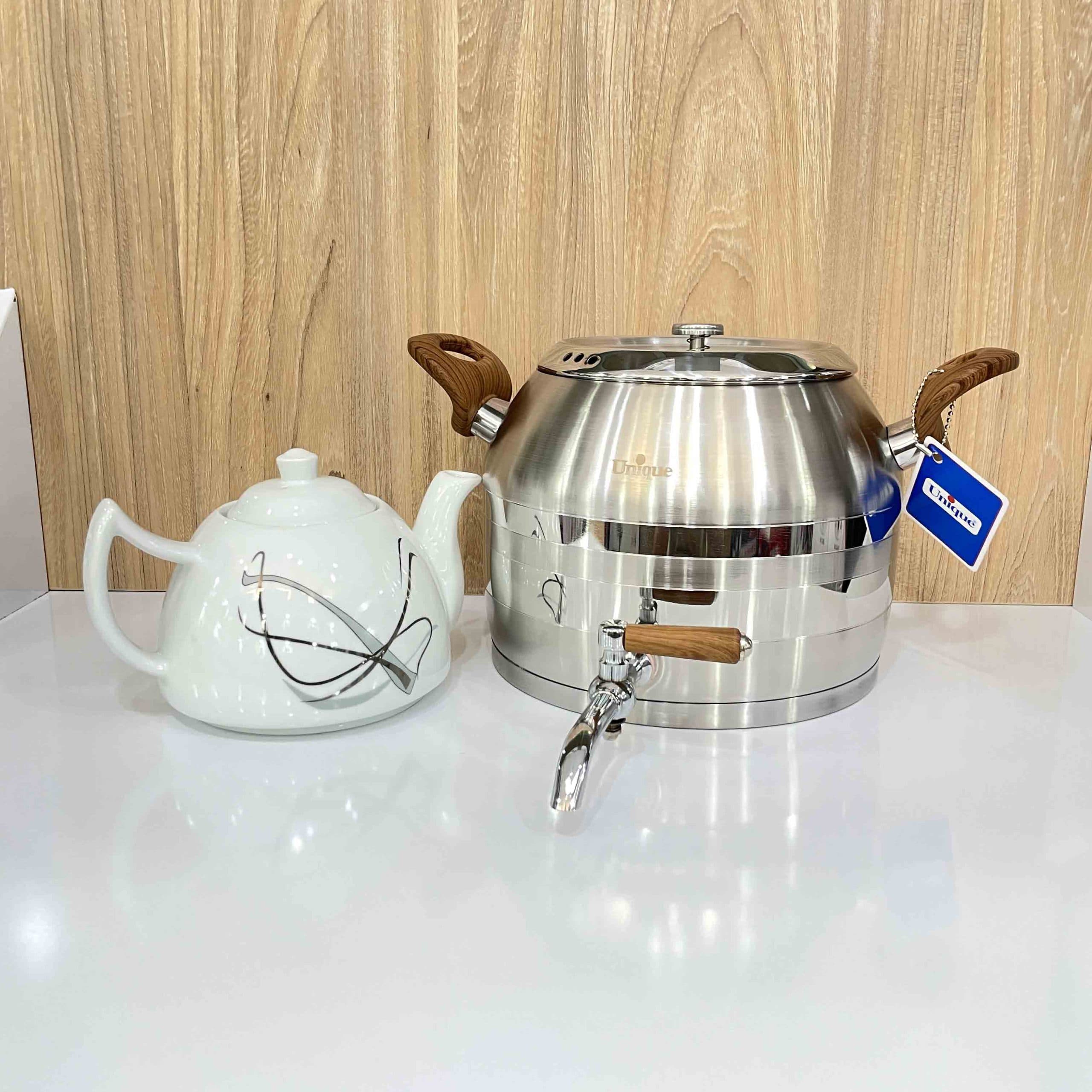ست سماور و قوری ۵ لیتری شیردار یونیک (Unique) مدل دسته طرح چوب باکالیت — تصویر ۴