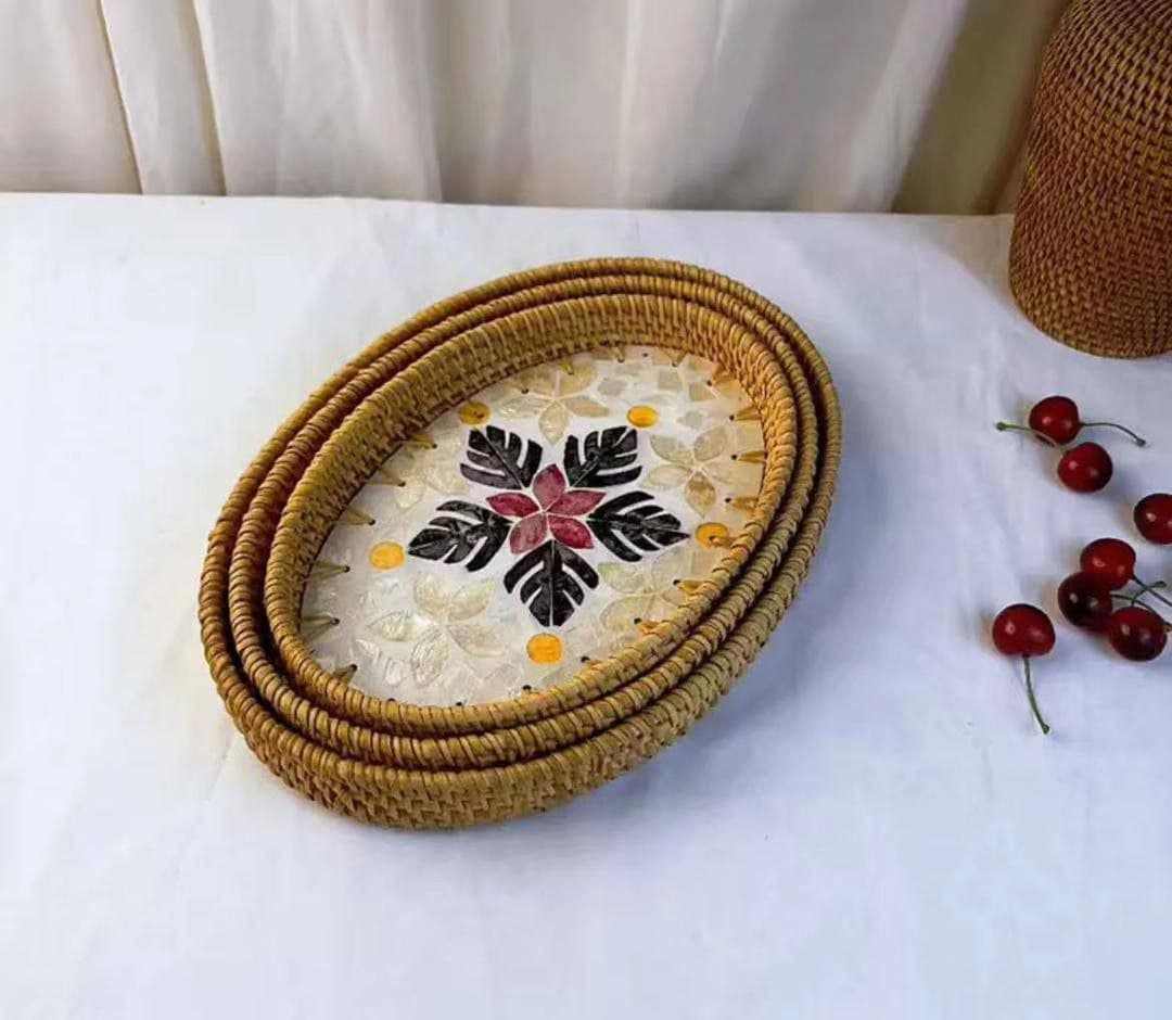 سینی بیضی سه سایز راتان کف صدف – کد ۶۳۰۰/۵