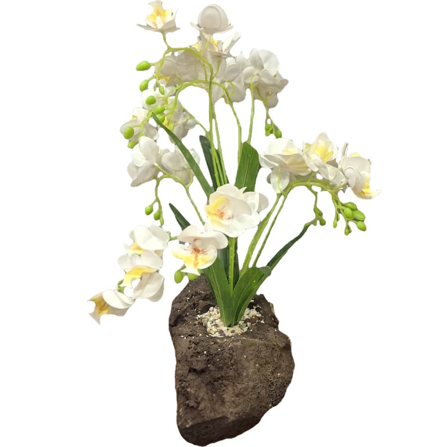 گل ارکیده مصنوعی سفید با گلدان سنگی طبیعی .N