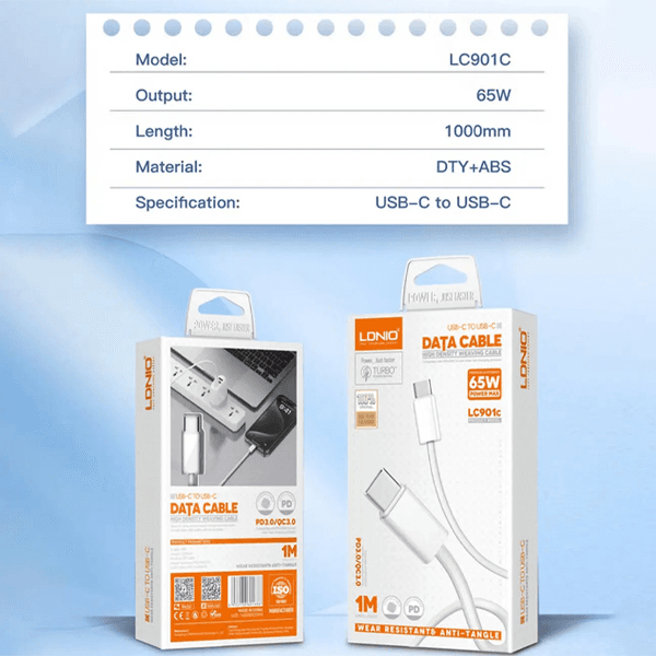 کابل شارژ تایپ C الدینیو مدل LC901C طول 1 متر توان ۶۵ وات — تصویر ۵