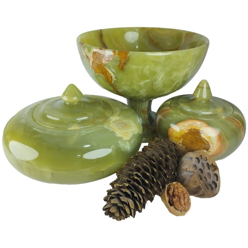 ست ظروف سنگی آجیل خوری و شکلات خوری سه پارچه از مرمر سبز سوپر کد 294
