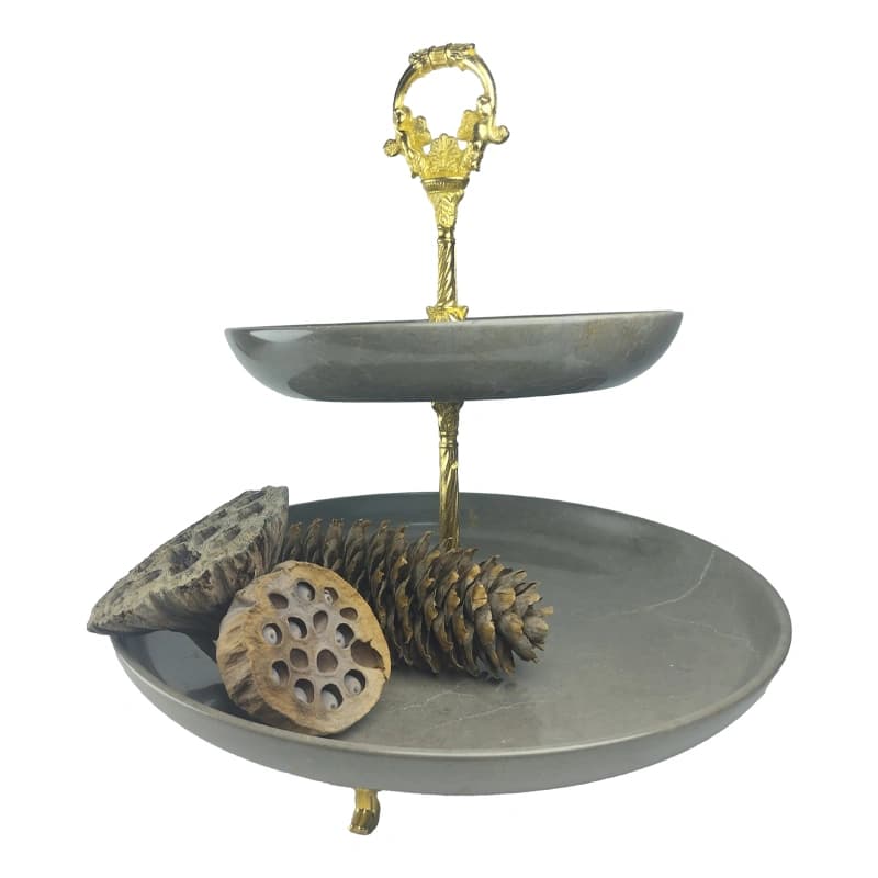 سینی سنگی دو طبقه سرو و پذیرایی با پایه طلایی کد 270 — تصویر ۳