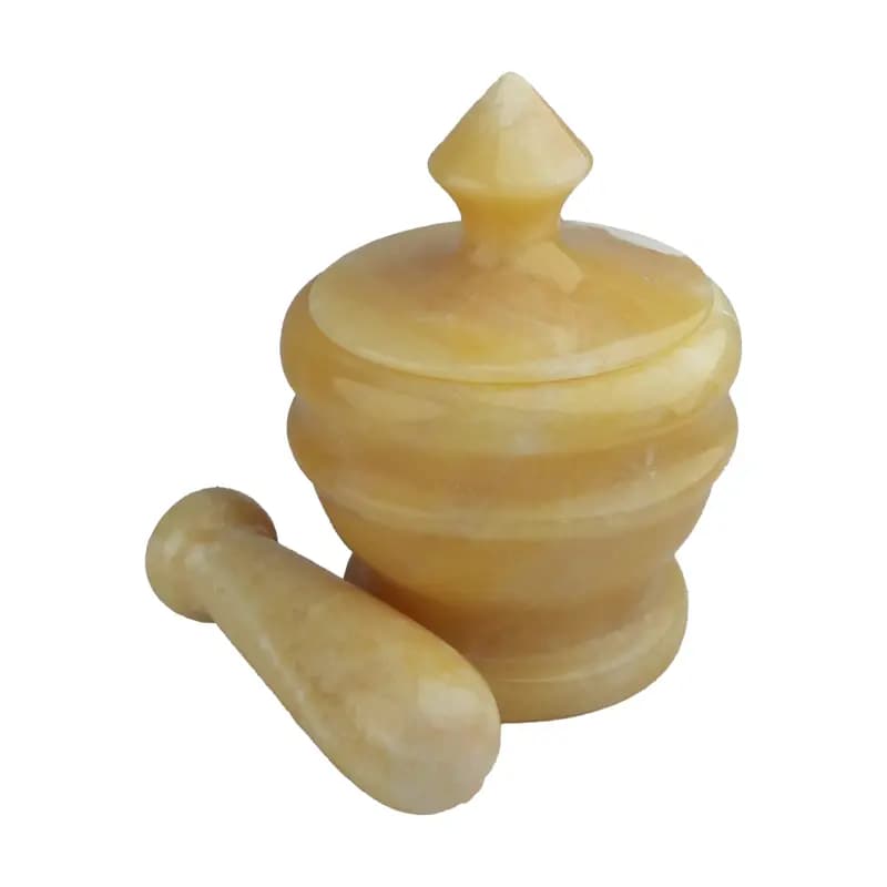 هاون سنگی کوچک دارای درب مخصوص زعفران از سنگ مرمر پرتقالی کد239