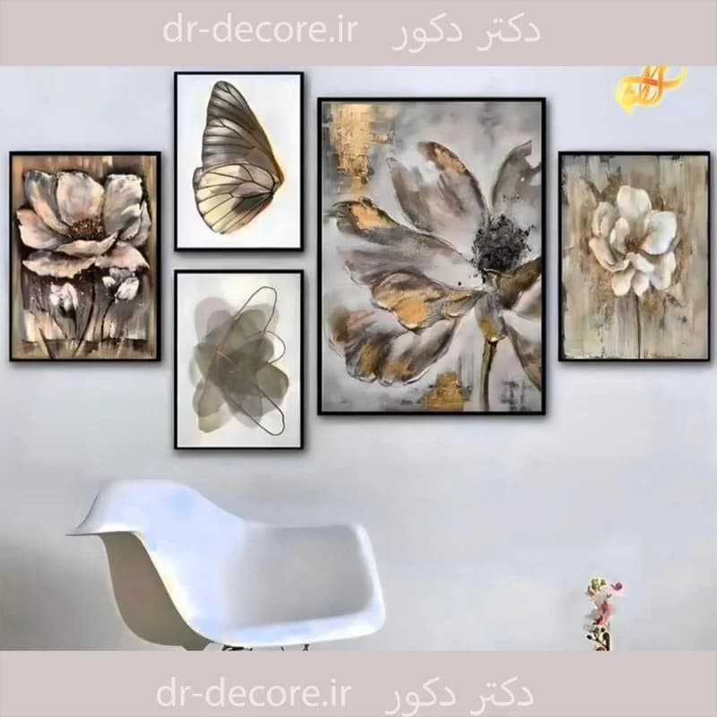 تابلو پنج تیکه طرح گل - دکتر دکور | تابلو ساعت آیینه