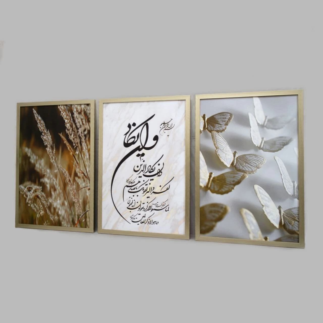 تابلو سه تیکه وان یکاد طرح گندم و پروانه - دکتر دکور | تابلو ساعت آیینه