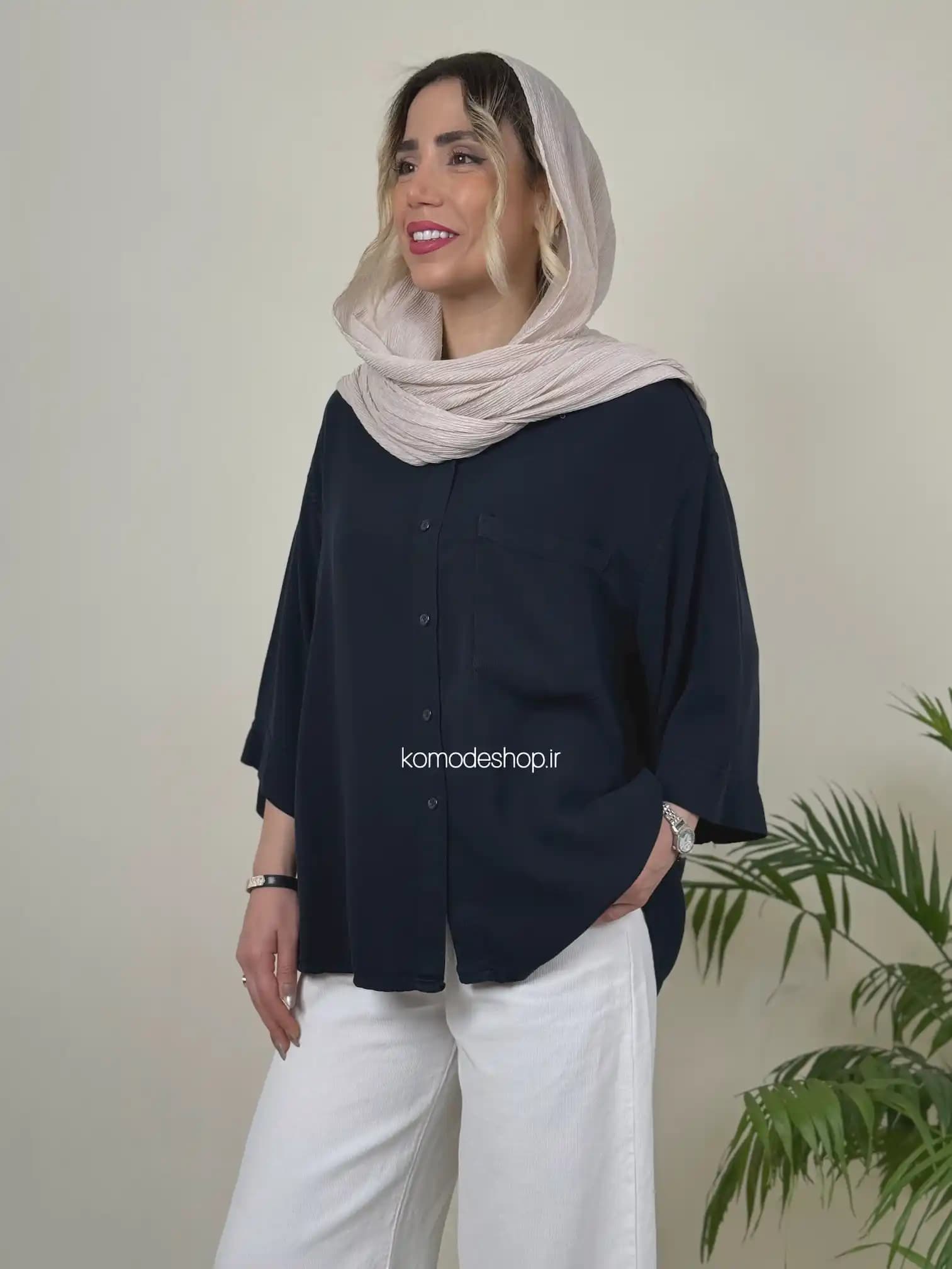 شومیز سیلک باکسی زنانه میله‌ای — تصویر ۸