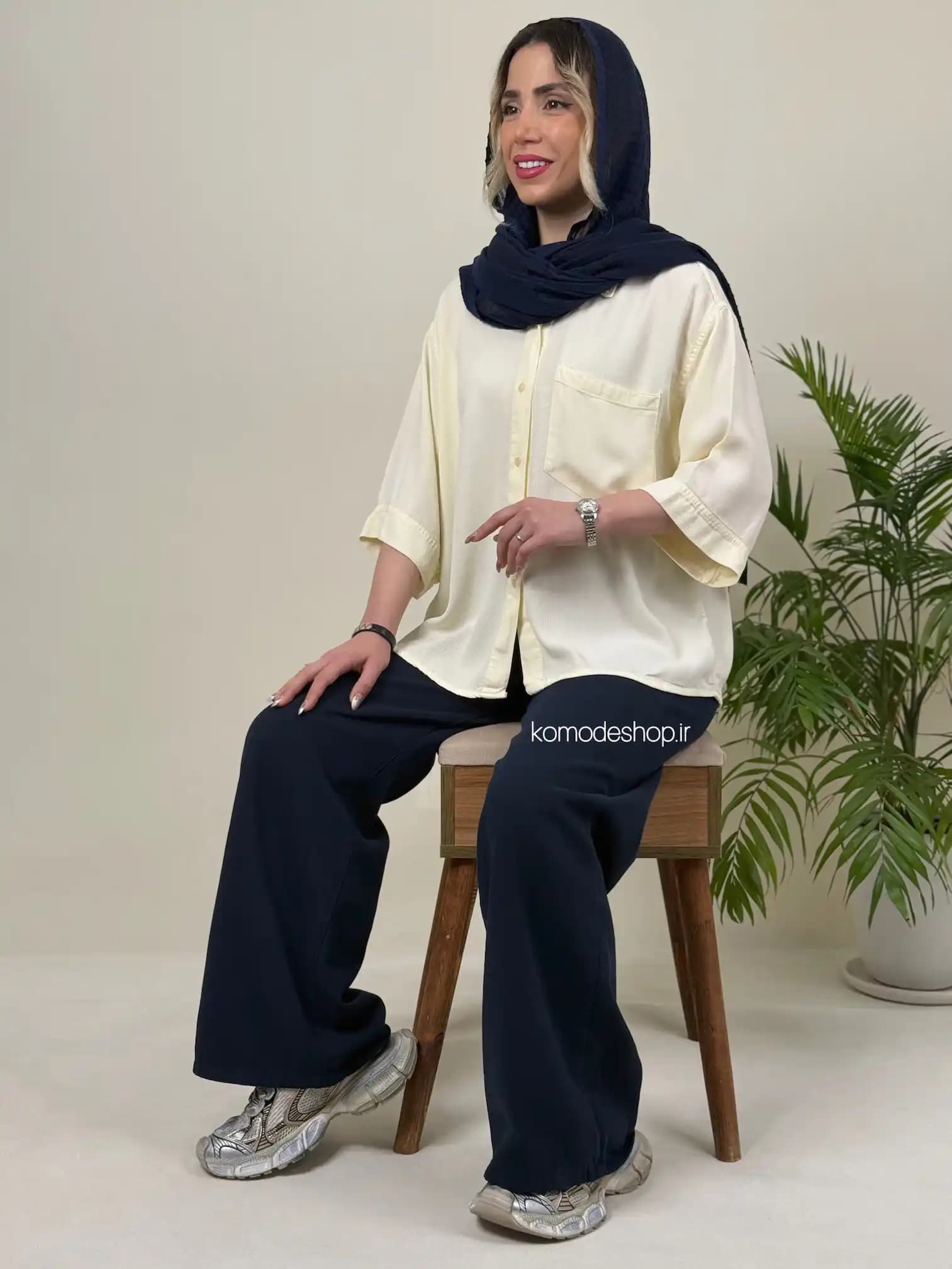 شومیز سیلک باکسی زنانه میله‌ای — تصویر ۷