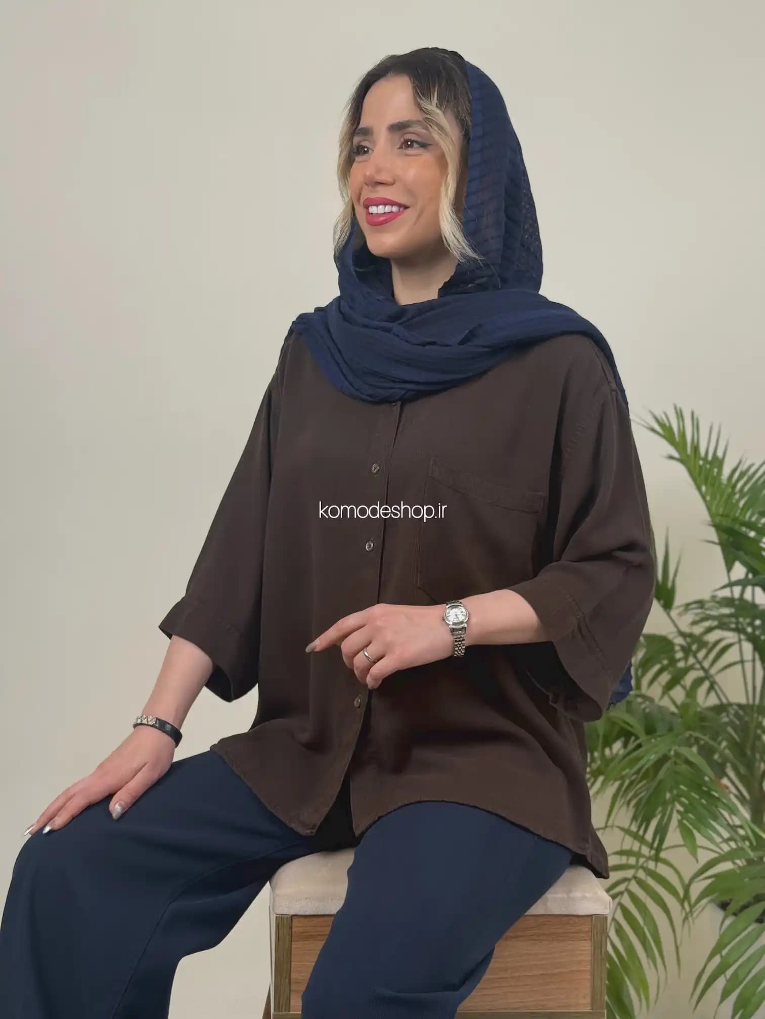 شومیز سیلک باکسی زنانه میله‌ای — تصویر ۵
