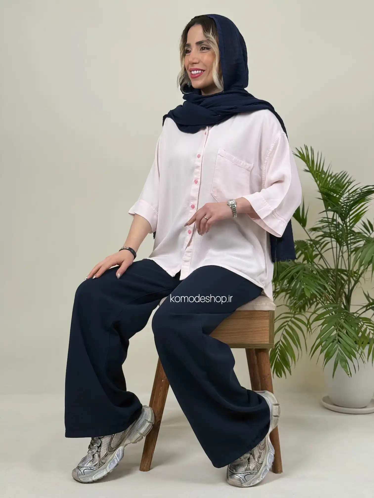 شومیز سیلک باکسی زنانه میله‌ای — تصویر ۶