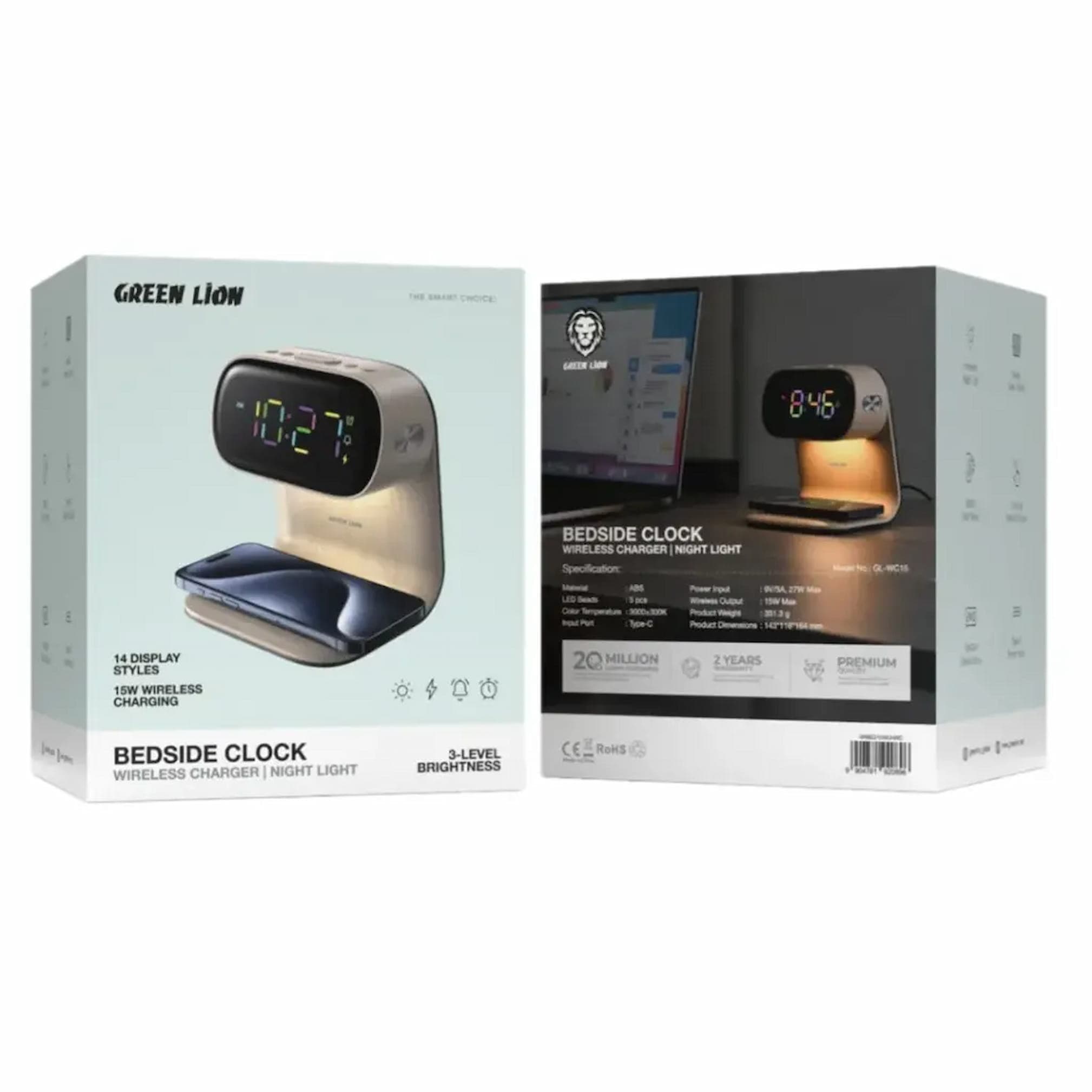 ساعت رومیزی و شارژر وایرلس گرین لاین Green Lion Bedside Clock with Wireless Charger — تصویر ۲