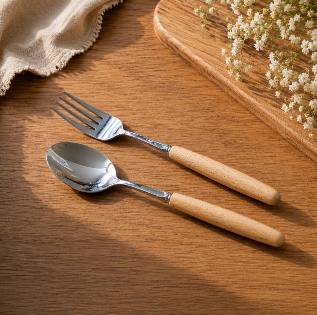 ست قاشق و چنگال ۱۲ پارچه دسته چوبی