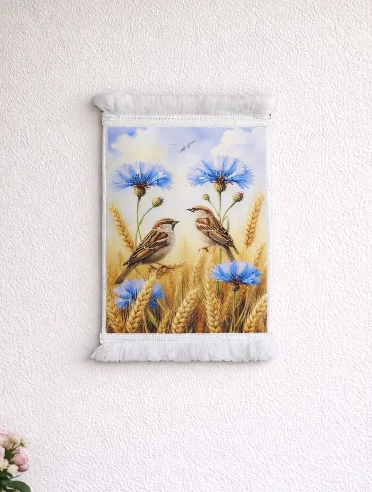 تابلو فرش گندم زار و گنجشک با ابعاد 40×30 و تراکم 1200 شانه