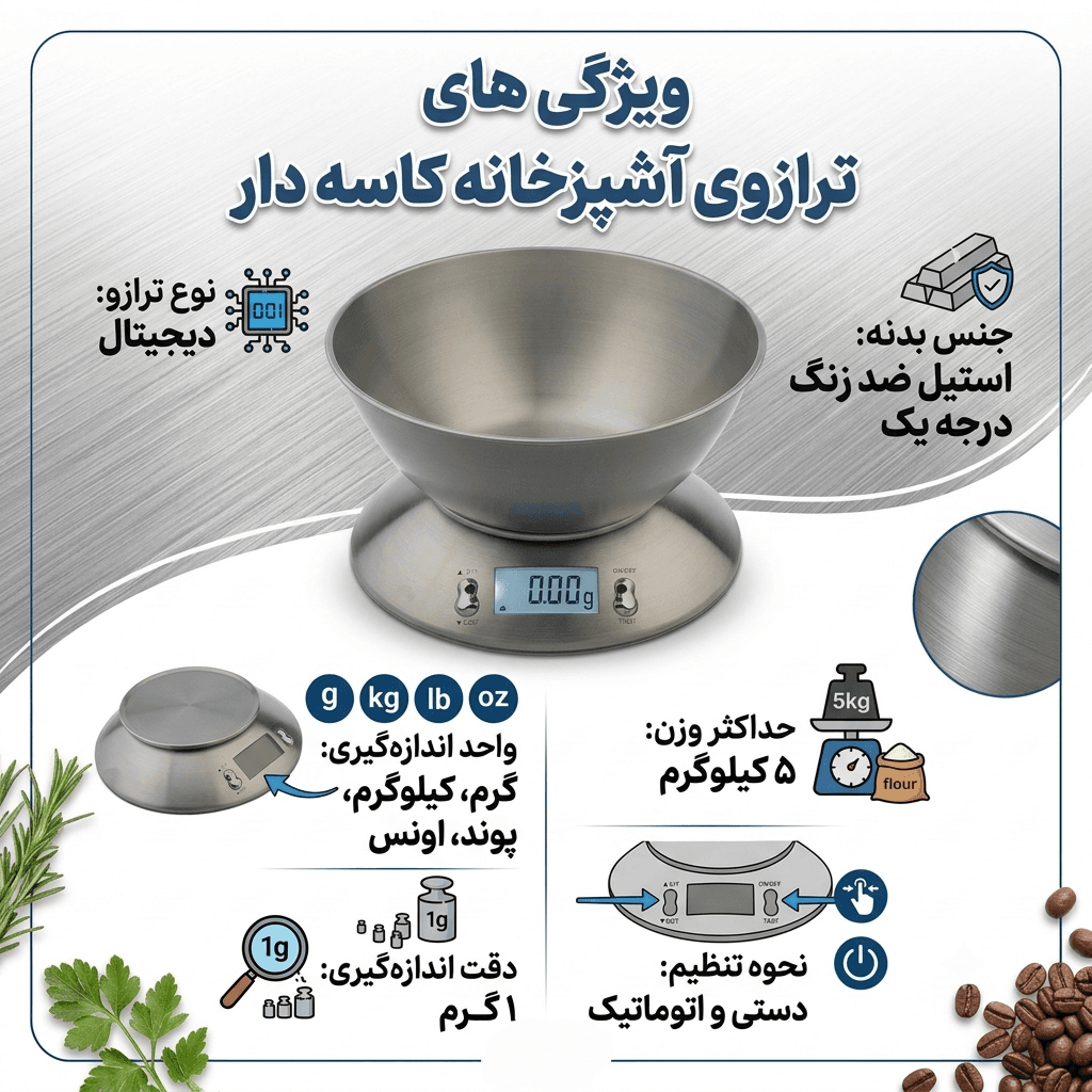 ترازو آشپزخانه دیجیتال کاسه دار استیل یونیک مدل UN-6518 (وارداتی) — تصویر ۳
