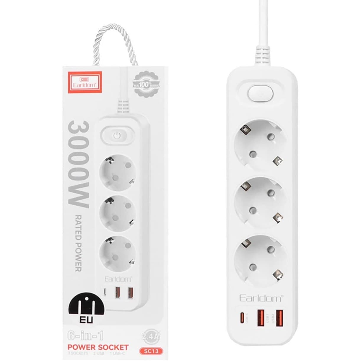 چند راهی برق 6 کاره Earldom SC13 | 3000 وات + 2 USB + 1 USB-C با کلید پاور