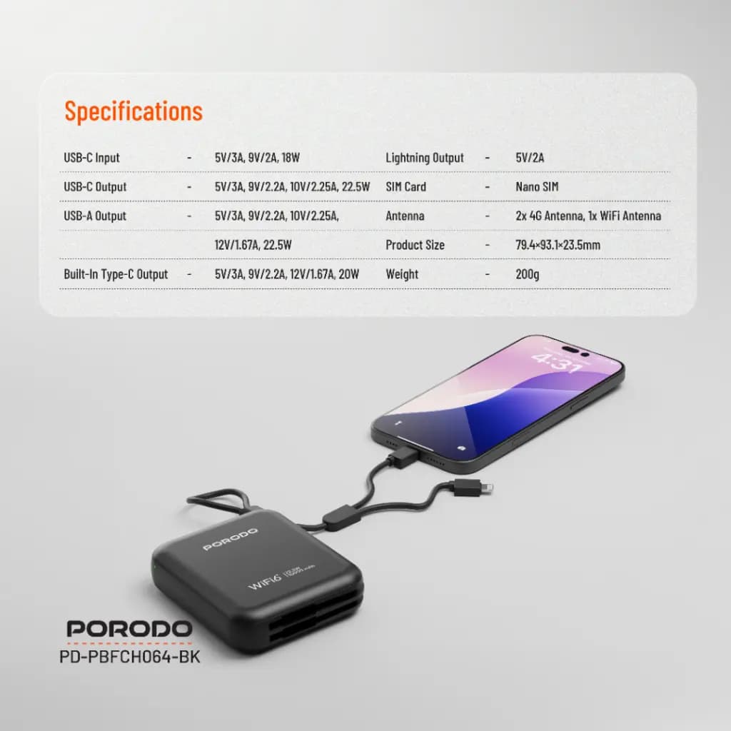 مودم همراه و پاوربانک 4G LTE WiFi 6 پورودو مدل PB064 — تصویر ۸