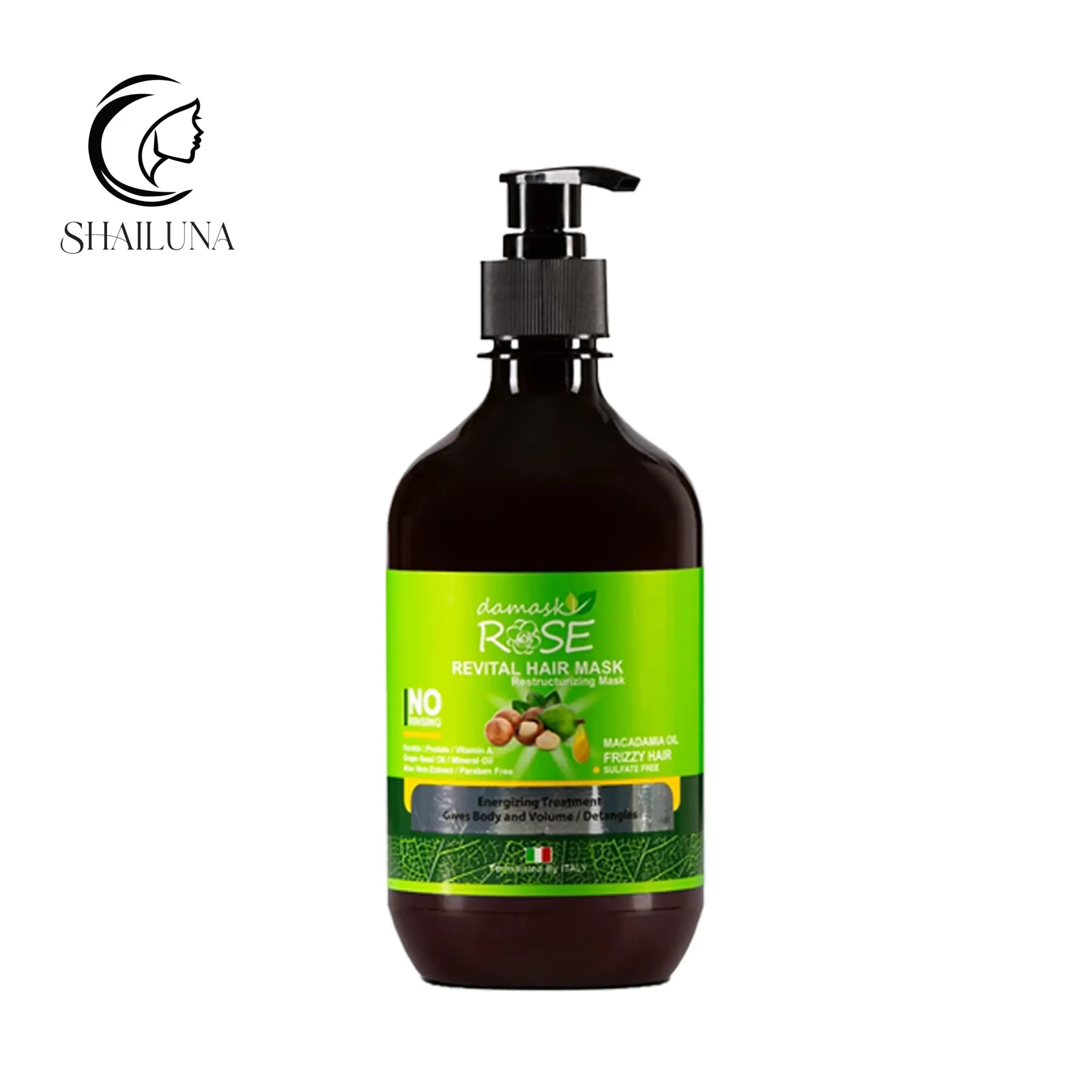 ماسک مو بدون آبکشی داماسک رز DAMASK ROSE مدل ماکادمیا مناسب موهای خشک، فر و وز -حجم 500 میلی لیتر