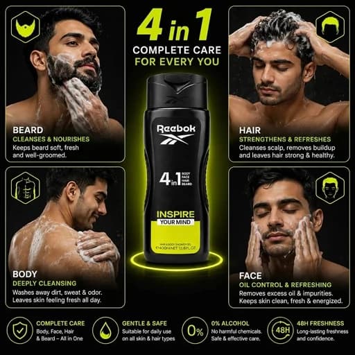 ژل شستشوی بدن و مو 4 در 1 مردانه ریبوک اصلی مدل Inspire Your Mind با حجم 400 میلی لیتر — تصویر ۶