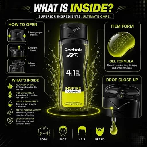ژل شستشوی بدن و مو 4 در 1 مردانه ریبوک اصلی مدل Inspire Your Mind با حجم 400 میلی لیتر — تصویر ۷