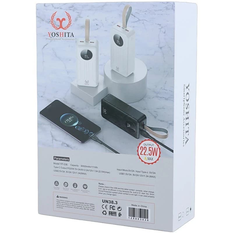 پاوربانک فست شارژ یوشیتا YP-036 PD 22.5W ظرفیت 30000 میلی‌آمپر ساعت — تصویر ۷