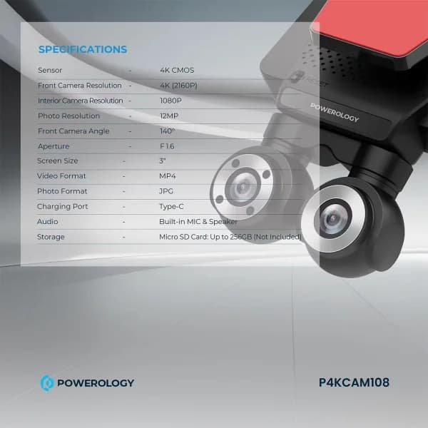 دوربین ثبت وقایع خودرو پاورولوژی مدل Powerology Dual Lens Dash Cam P4KCAM108 — تصویر ۵
