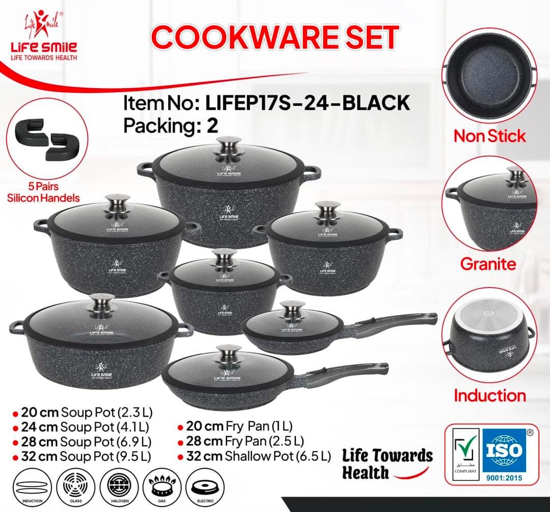 سرویس قابلمه گرانیتی 24 پارچه اصل لایف اسمایل مدل LIFEP17S_24_BLACK